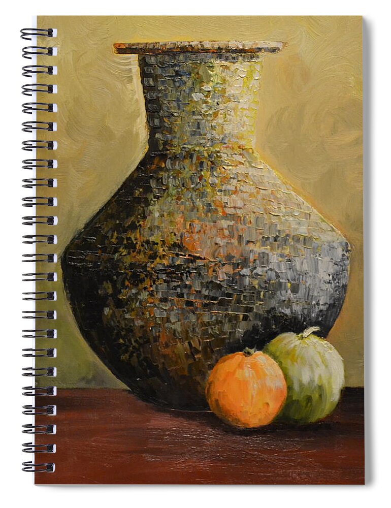 This Is An Oil Painting Of A Large Vase With Two Pieces Of Fruit. I Used A Knife To Create The Large Vase To Show Texture. There Are Several Colors Used For The Vase. The Dark Colors Reveal The Shadows In The Vase. The Vase Is Sitting On A Medium Colored Table. I Also Used A Knife To Create The Orange And Green Apple. I Used A Light Color In The Background So The Objects Standout In The Painting. Spiral Notebook featuring the painting Big Vase and Fruit by Martin Schmidt