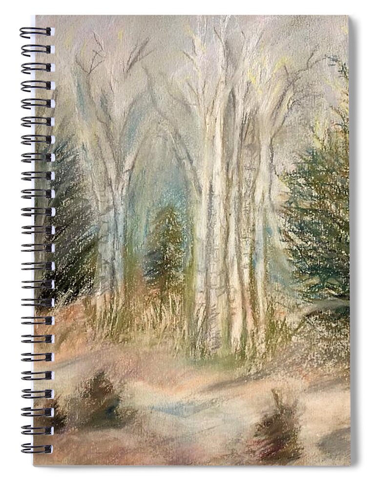 Birch Spiral Notebook featuring the painting Foggy Birch by Deb Stroh-Larson