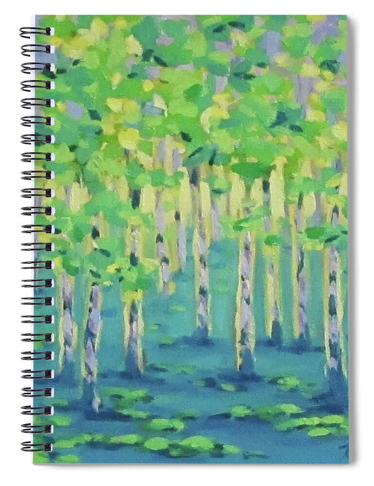 Trees Spiral Notebook featuring the painting Birches - A colorful tree painting by Karen Ilari