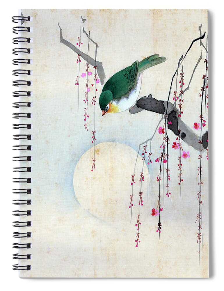 Hotei Spiral Notebook featuring the painting Bird and Moon by Hotei