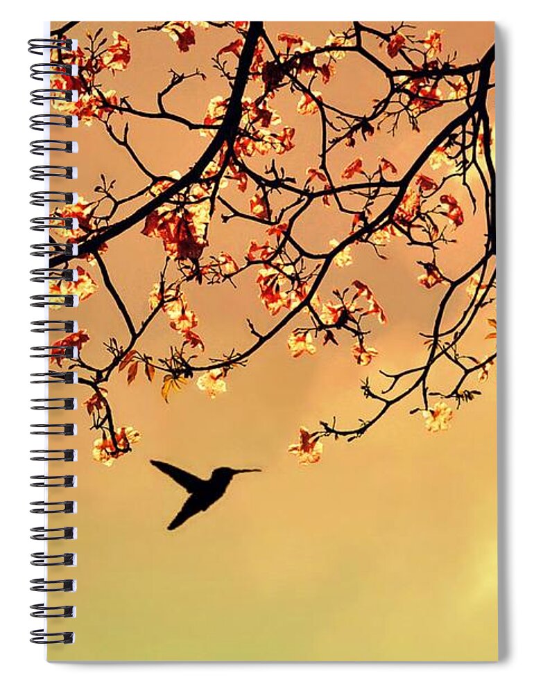 Treetop Spiral Notebook featuring the photograph Bird Singing In The Morning Sky by Autumnn