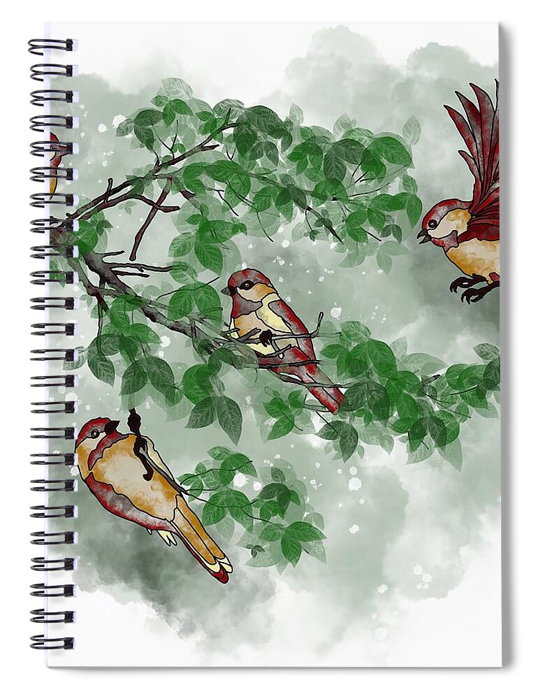 Birds Spiral Notebook featuring the painting Birds on the tree branch by Patricia Piotrak