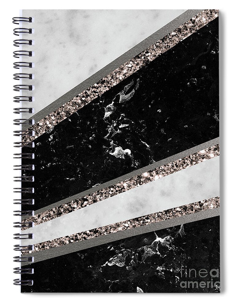 Graphic-design Spiral Notebook featuring the mixed media Black and White Marble Rose Gold Glitter Stripe Glam #1 #minimal #decor #art by Anitas and Bellas Art