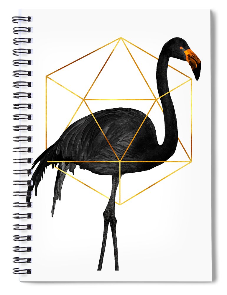 Flamingo Spiral Notebook featuring the mixed media Black Flamingo 5 - Tropical Wall Decor - Flamingo Posters - Exotic, Black, Gold, Modern, Minimal by Studio Grafiikka