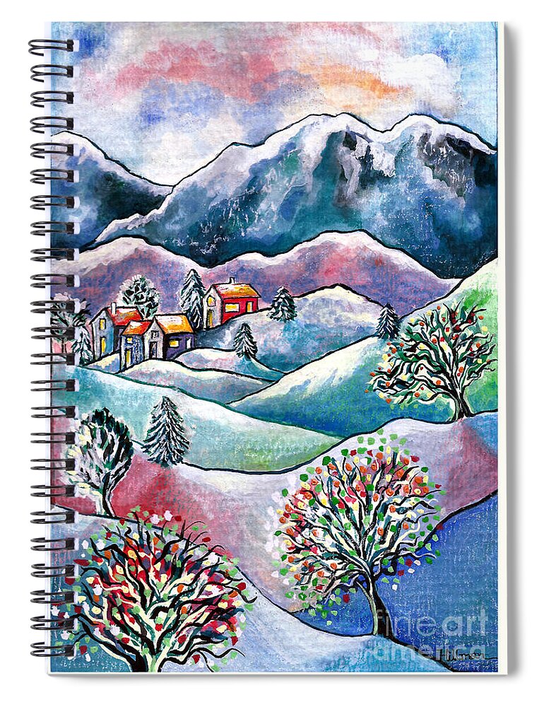 Black Hawk Colorado By A Hillman Whimsical Watercolor Painting Mountains Black Hawk Colorado Cabins Sunset Psalm 91 Under The Shadow Of His Wings Protection Blue Lavender Pink Naive Style Impressionist Free Rejoicing Joy Celebrating Bright Bold Color Leaves Trees Evening Pink Blue Twilight Life Beautiful Glad Cheerful Fun Happy Greeting Childlike Thanks Alleluia Hallelujah Praise To The King Of Kings Yah Yeshua Jesus Messiah Spiral Notebook featuring the painting Black Hawk Colorado 1990 by A Hillman