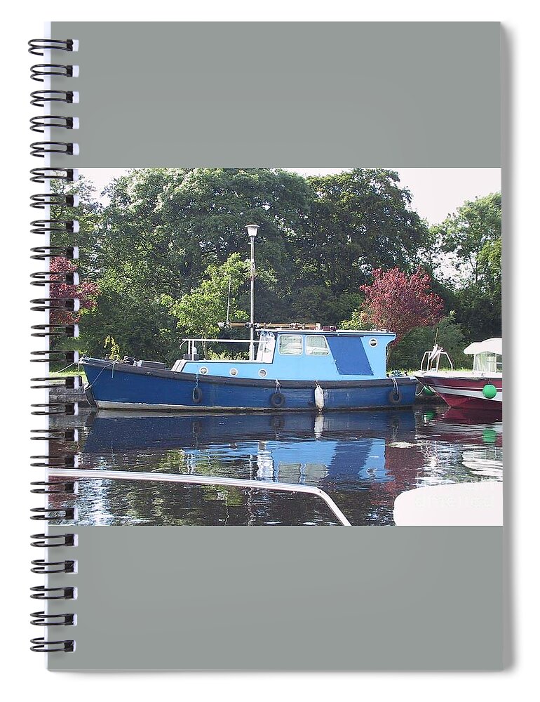  Spiral Notebook featuring the painting Blue Boat at Cloondara Harbour. by Val Byrne