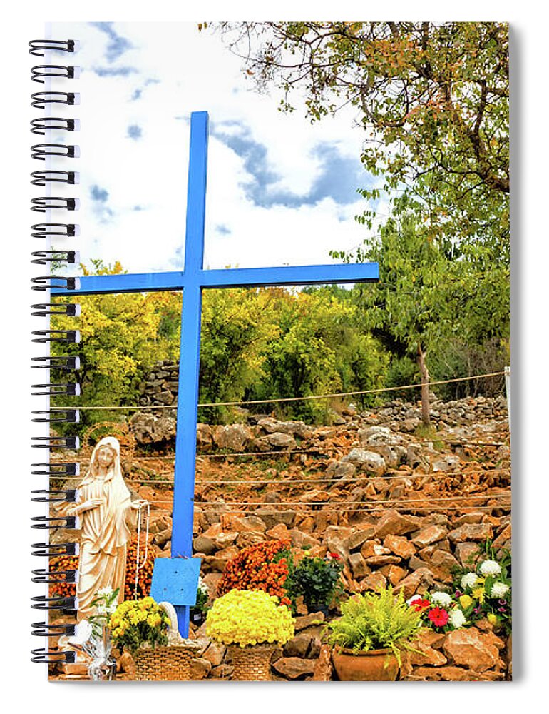 Bosnia Spiral Notebook featuring the photograph Blue Cross at Apparition Mountain in Medjugorje by Vivida Photo PC