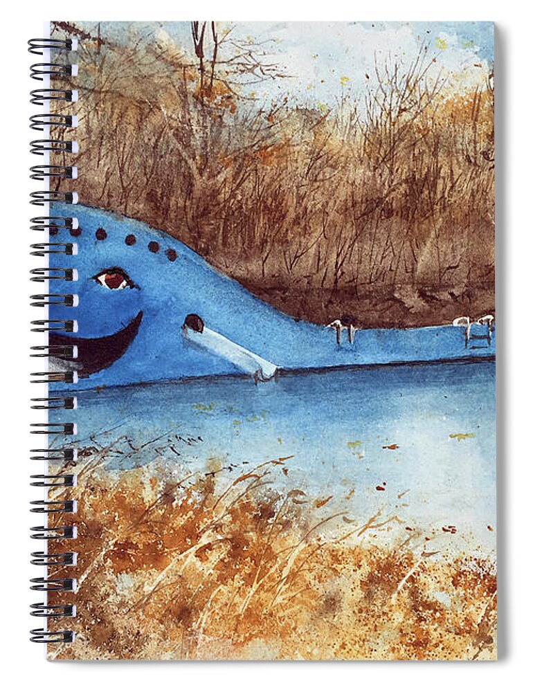 A Structure Representing A Blue Whale In A Former Swimming Hole On Route 66 Near Catoosa Spiral Notebook featuring the painting Blue Whale by Monte Toon