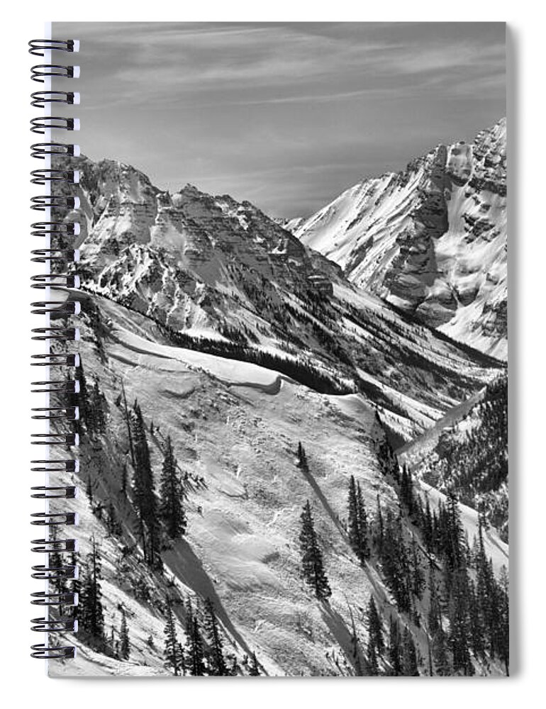 Maroon Bells Spiral Notebook featuring the photograph Bluebird Skies Over The Bells Black And White by Adam Jewell