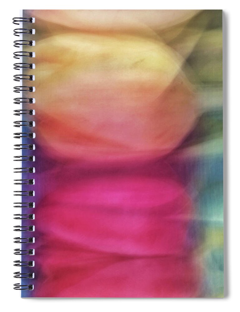 Abstract Spiral Notebook featuring the photograph Blurred tulip flower like abstract background with pinks, yellows, greens and peach color by Teri Virbickis