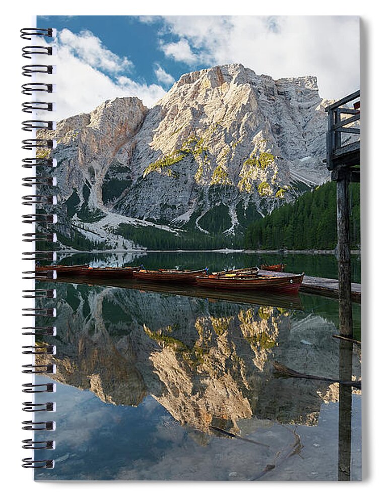 Lago De Braies Spiral Notebook featuring the photograph Boathouse at Lago Di Braies by Jon Glaser
