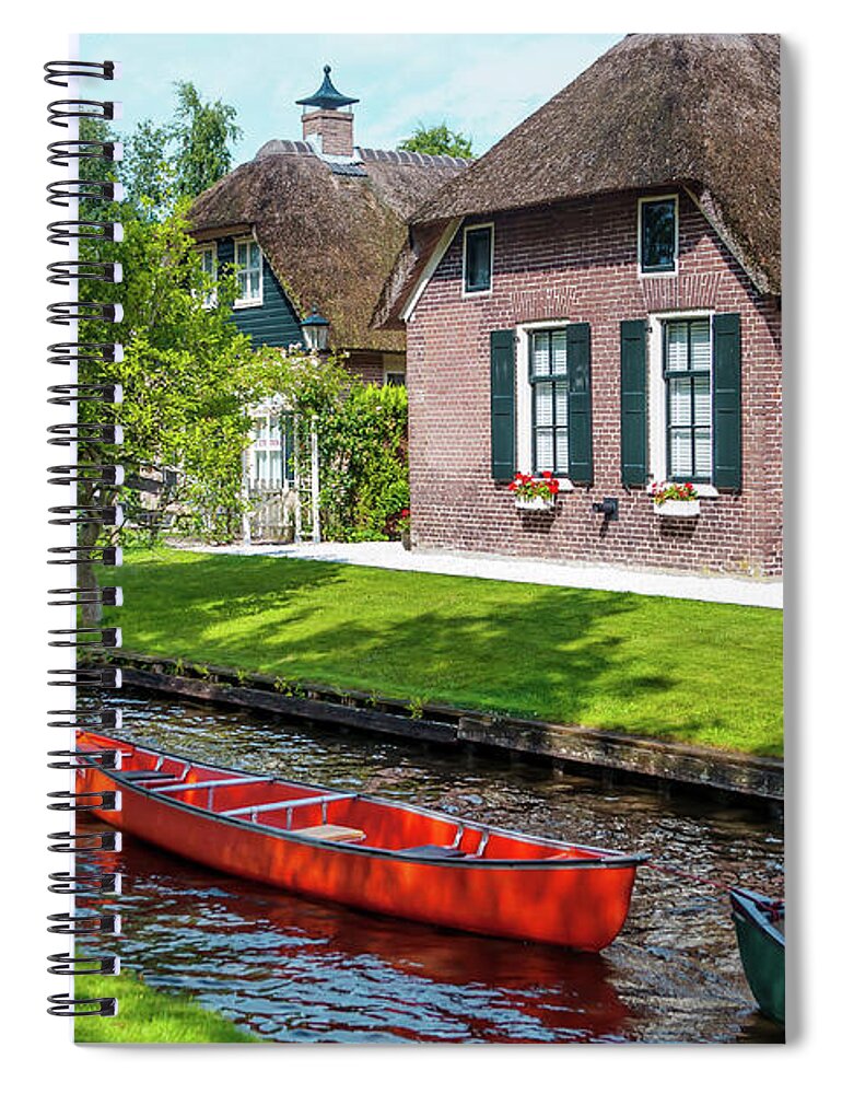 Jenny Rainbow Fine Art Photography Spiral Notebook featuring the photograph Boats in a Row. Giethoorn. The Netherlands by Jenny Rainbow