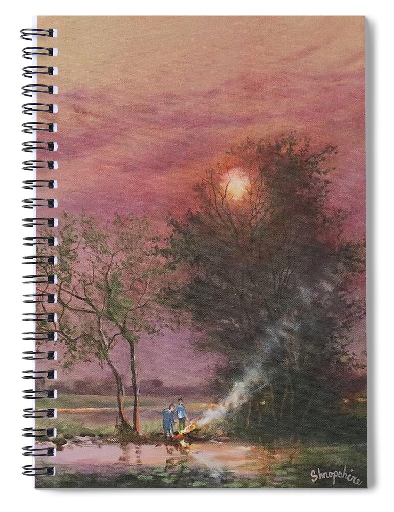 ; Bonfire Spiral Notebook featuring the painting Bonfire By The Creek by Tom Shropshire