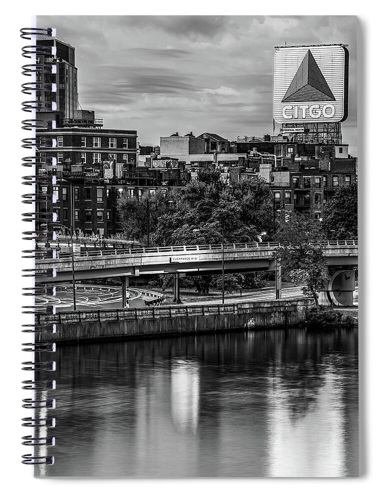 America Spiral Notebook featuring the photograph Boston Citgo Sign Along the Charles River - Black and White by Gregory Ballos