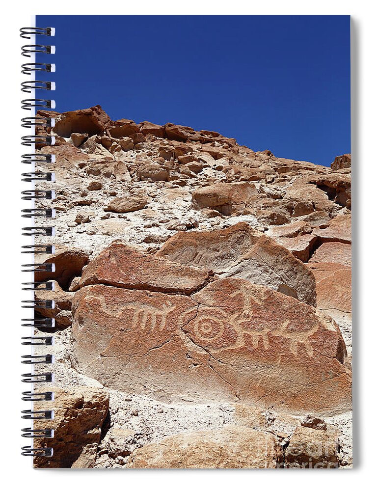 Chile Spiral Notebook featuring the photograph Boulder with Petroglyphs at Ofragia Chile by James Brunker