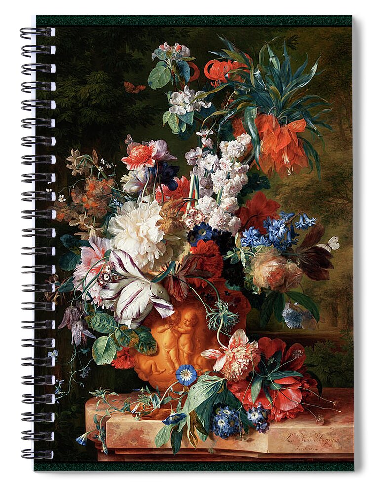 Bouquet Of Flowers In An Urn Spiral Notebook featuring the painting Bouquet Of Flowers In An Urn by Jan van Huysum by Rolando Burbon