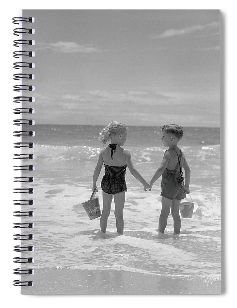 Water's Edge Spiral Notebook featuring the photograph Boy And Girl Standing On Beach, Holding by H. Armstrong Roberts