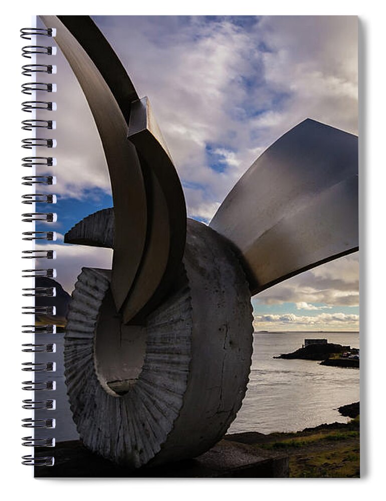 Monument Spiral Notebook featuring the photograph Brakin monument at dusk, Borgarnes, Iceland by Lyl Dil Creations