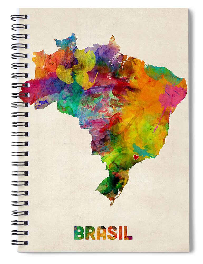 Brazil Spiral Notebook featuring the digital art Brazil Watercolor Map Custom Heart by Michael Tompsett