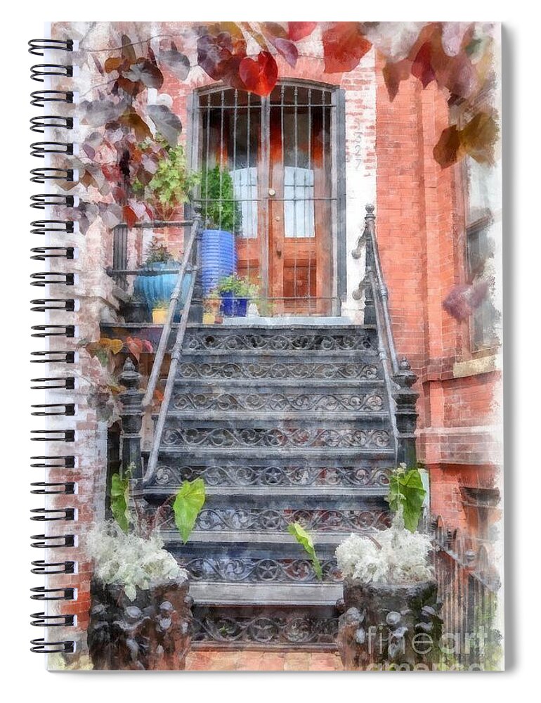 Stairs Spiral Notebook featuring the digital art Brick Townhouse Walkup Watercolor by Edward Fielding