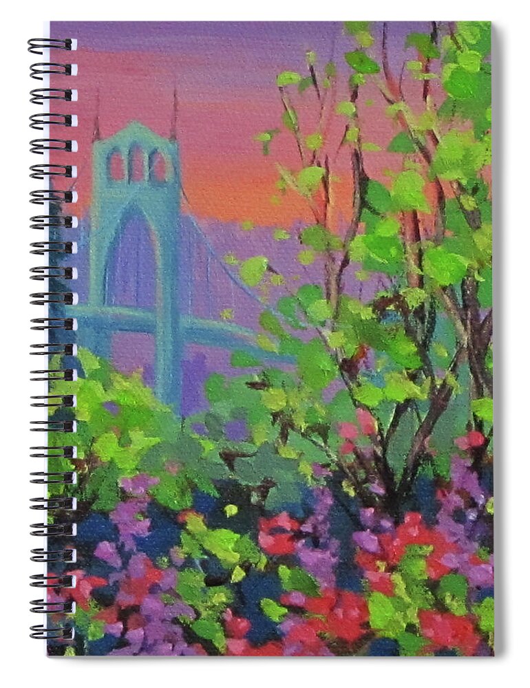 Bridge Spiral Notebook featuring the painting Bright Spring by Karen Ilari