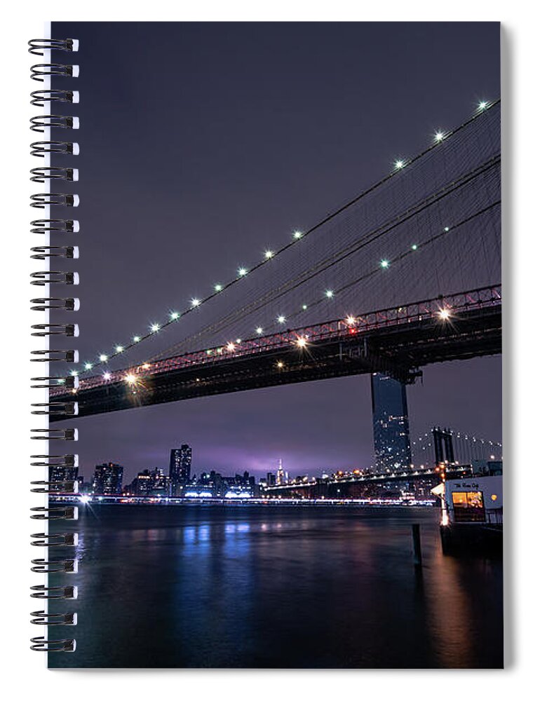 Architecture Spiral Notebook featuring the photograph Brooklyn Bridge at Night by Stef Ko