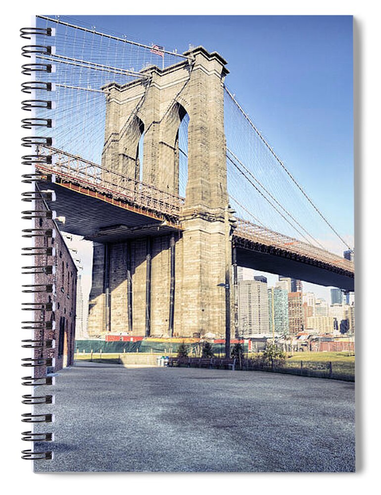 Lower Manhattan Spiral Notebook featuring the photograph Brooklyn Bridge From Down Under by By Gene Krasko