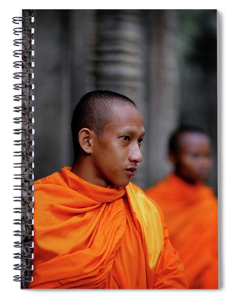Orange Color Spiral Notebook featuring the photograph Buddhist Monks At Angkor Wat Temple by Timothy Allen