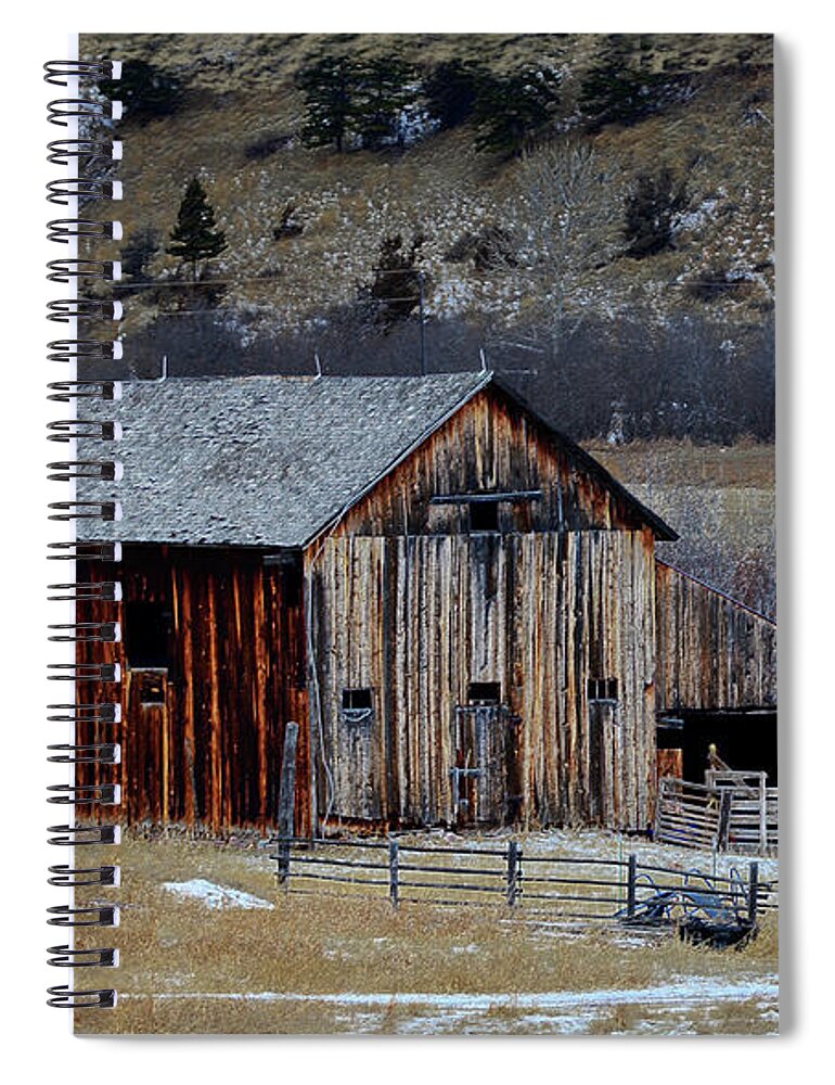 Montana Ranch Building Spiral Notebook featuring the mixed media Building On Hold by Kae Cheatham