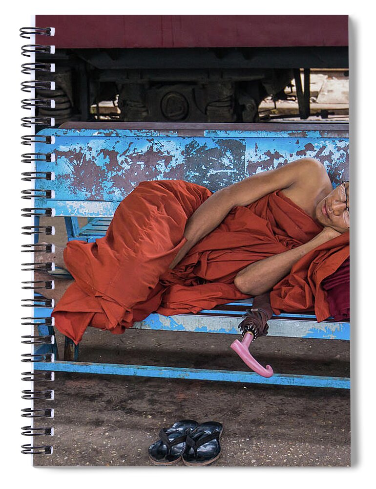 Monk Spiral Notebook featuring the photograph Burmese monk resting on bench by Ann Moore