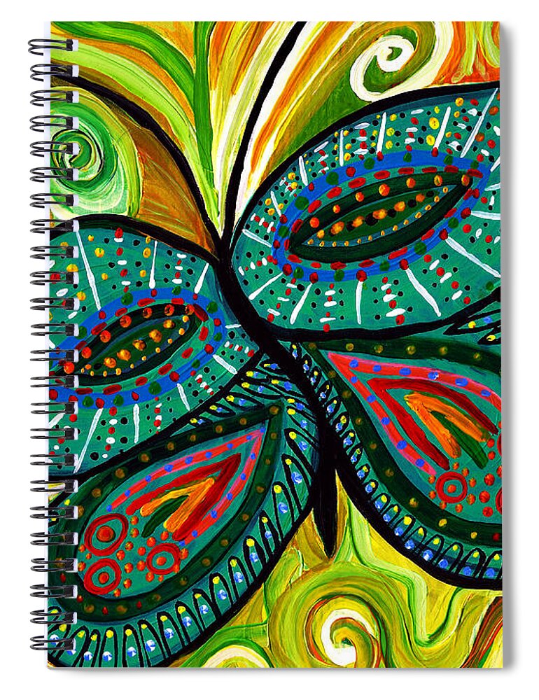Butterfly By A Hillman Naïve Butterfly Whimsical Green Gold Teal Fauve Impressionist Bright Swirls Pattern Bold Joy Rejoicing Joy Thankful Gratitude Life Health Praise Yah Yahweh Jesus Yeshua Messiah Savior Healer King Of Kings And Lord Of Lords Glory Alleluia Spiral Notebook featuring the painting Butterfly 1 by A Hillman