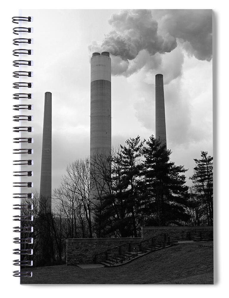 Smokestacks Spiral Notebook featuring the photograph BW Clifty Falls Smokestacks by Mike McBrayer