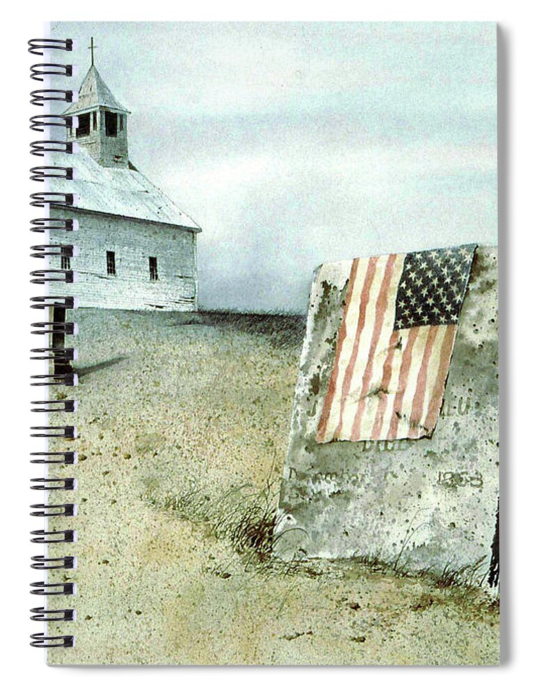 A Worn American Flag Hangs Over A Weathered Tombstone In A Graveyard. A Small Church Is In The Distance. Spiral Notebook featuring the painting By The Dawn's Early Light by Monte Toon