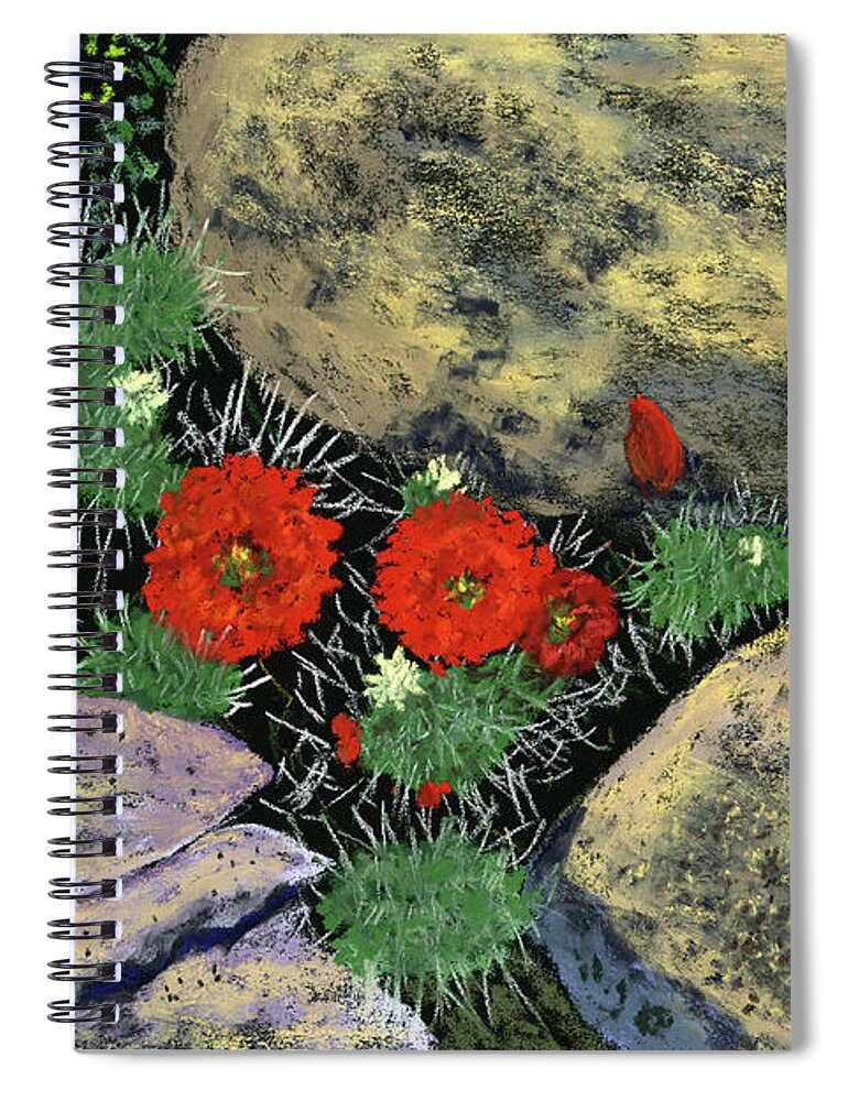 Cactus Spiral Notebook featuring the painting Cactus Blooms Among the Rocks by Ginny Neece