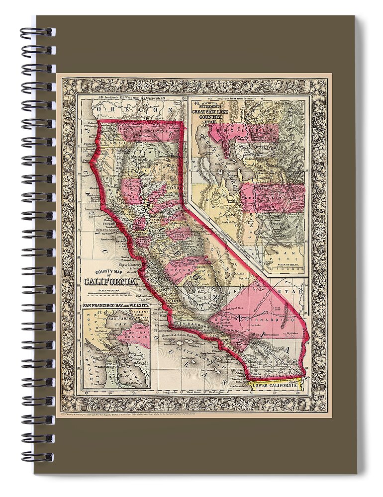 Map Spiral Notebook featuring the photograph California County Map Circa 1860 by Phil Cardamone