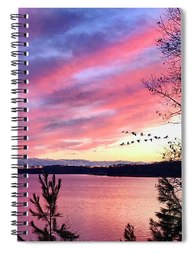 Canadian Geese Spiral Notebook featuring the photograph Canadian Geese over Smith Mountain Lake at Sunset. by The James Roney Collection
