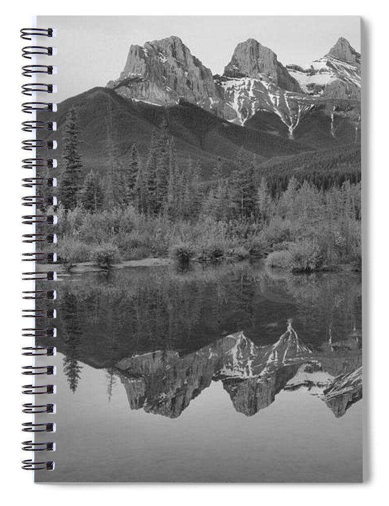 Three Sisters Spiral Notebook featuring the photograph Canmore Morning Pastels Black And White by Adam Jewell