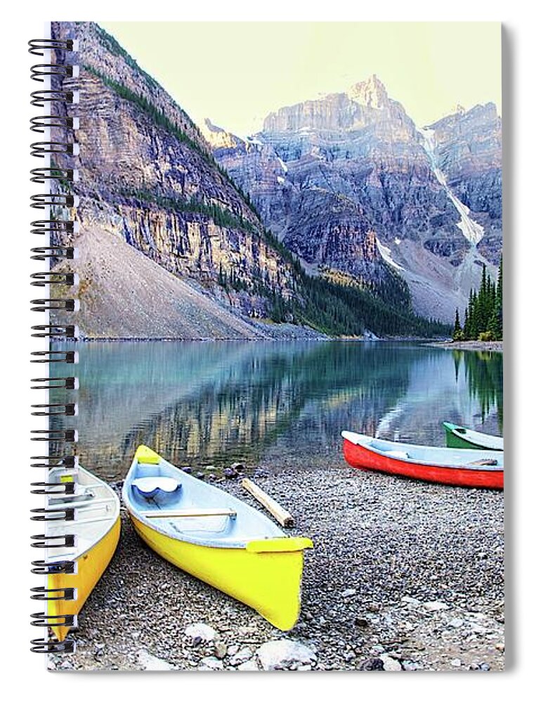 Tranquility Spiral Notebook featuring the photograph Canoes At Moraine Lake, In Explore by J.p.andersen Images