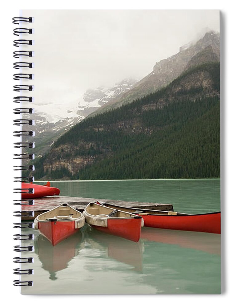 Tranquility Spiral Notebook featuring the photograph Canoes On Lake Louise, Banff National by Fstop Images - Brian Caissie