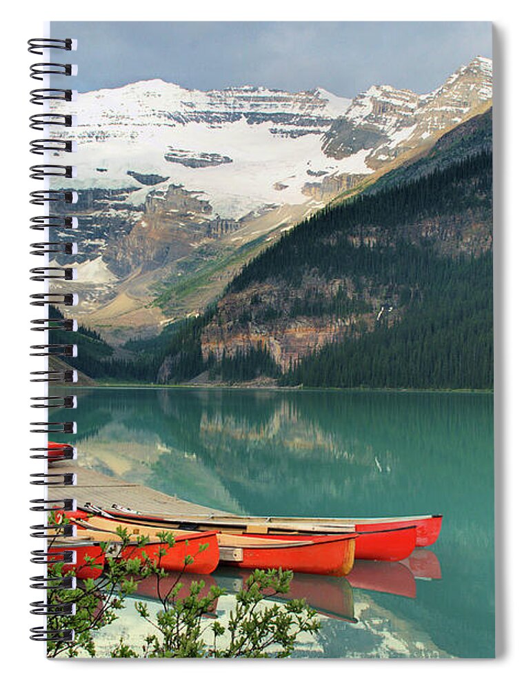 Tranquility Spiral Notebook featuring the photograph Canoes On Lake Louise by Kimberly Whitaker