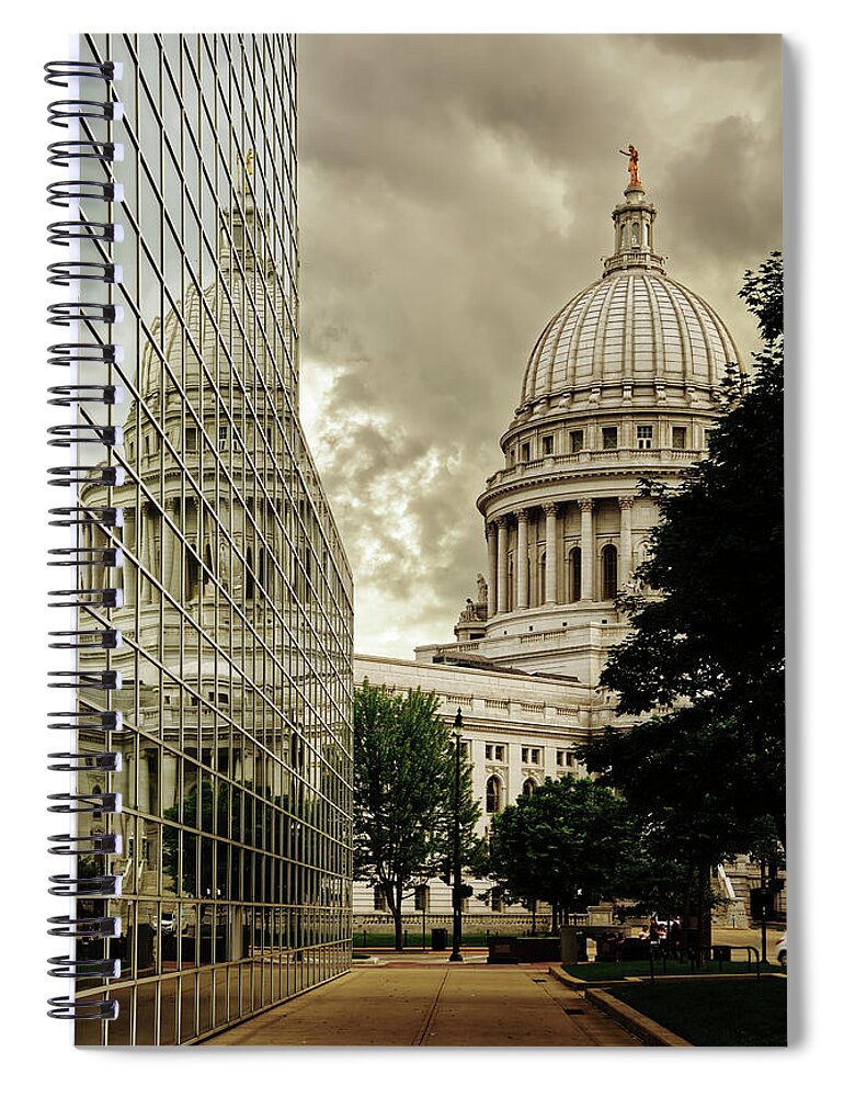 Madison Wi Capitol Reflection Wisconsin Dome Forward Statue Government Forward Statue Us Bank Spiral Notebook featuring the photograph Capitol Reflections #1 - Wisconsin State Capital reflected in US Bank Plaza window by Peter Herman