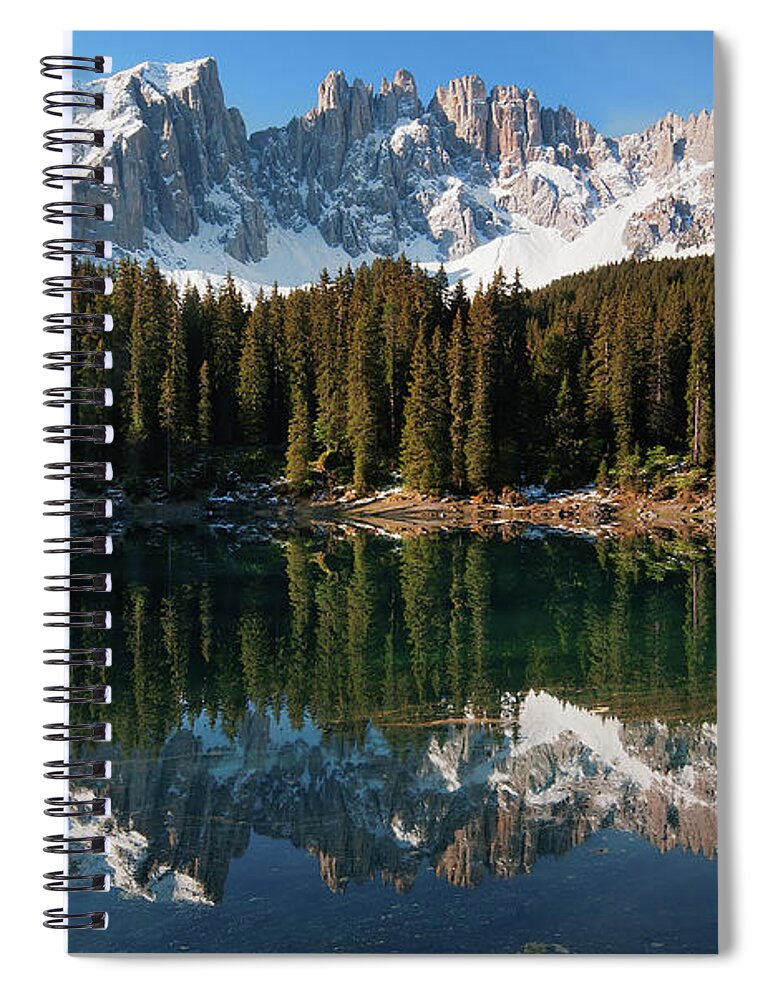 Lake Carezza Spiral Notebook featuring the photograph Carezza Lake Reflections by Photographer Renzi Tommaso Tommyre00@hotmail.it