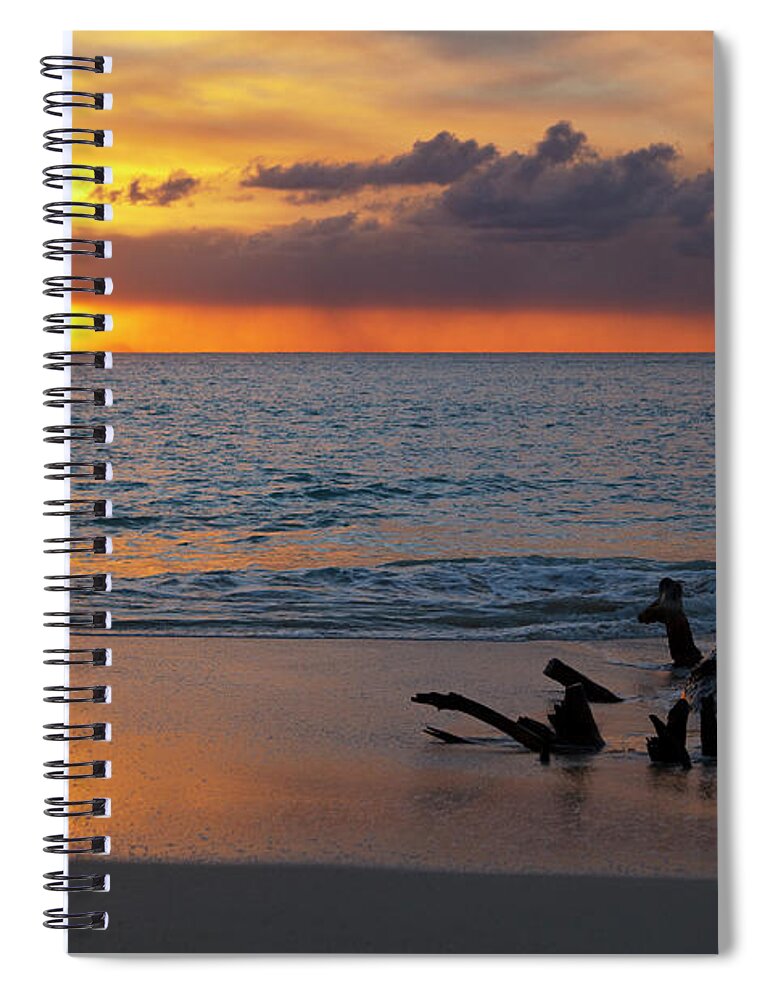 Shadow Spiral Notebook featuring the photograph Caribbean Sunset With Driftwood by Michaelutech