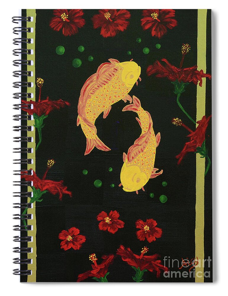 Carp Spiral Notebook featuring the painting Carp and Hibiscus by Aicy Karbstein