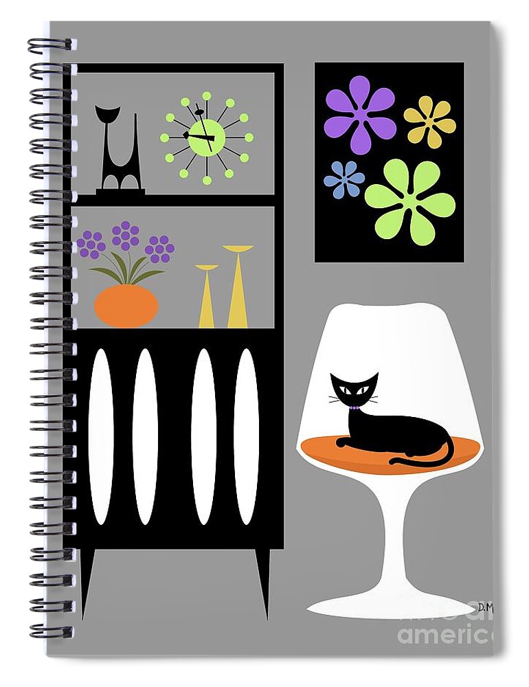 Retro Spiral Notebook featuring the digital art Cat in Gray Room by Donna Mibus