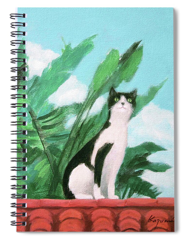 Cat On The Roof Spiral Notebook featuring the painting Cat on the Roof by Kazumi Whitemoon
