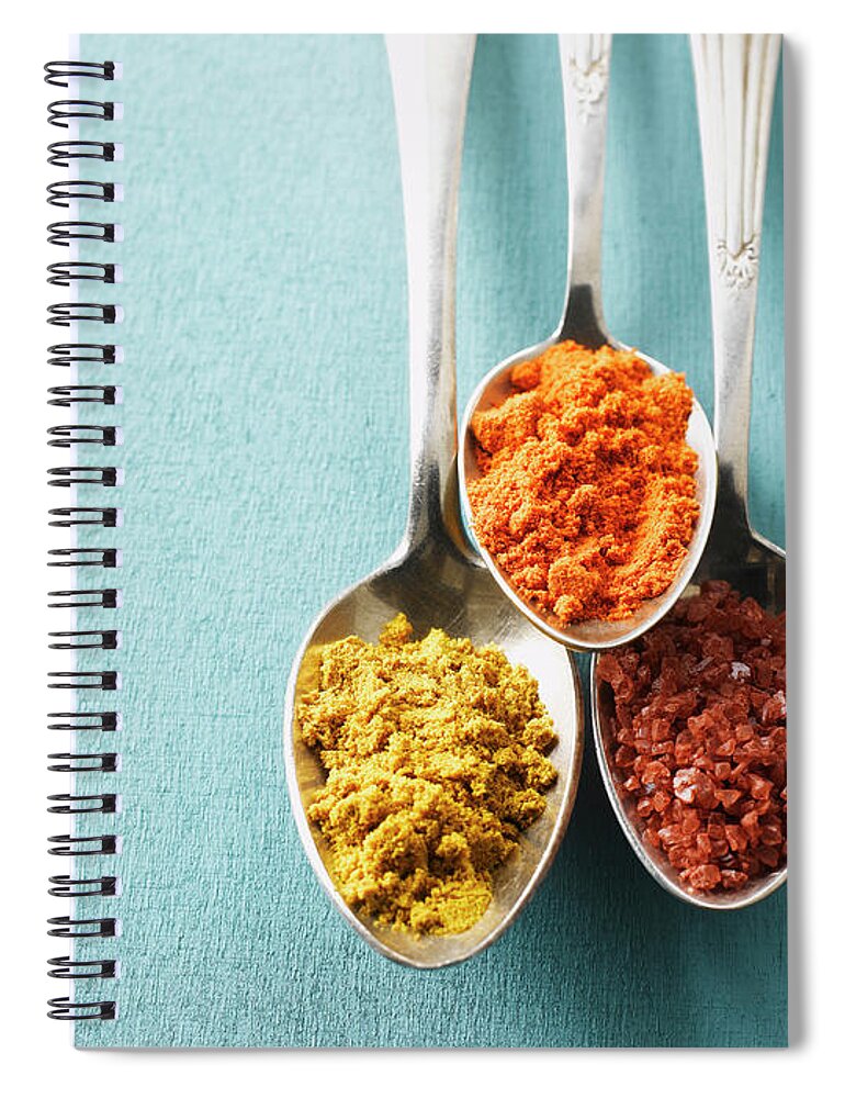 Spoon Spiral Notebook featuring the photograph Cayenne Pepper, Curry Powder And Rock by Westend61