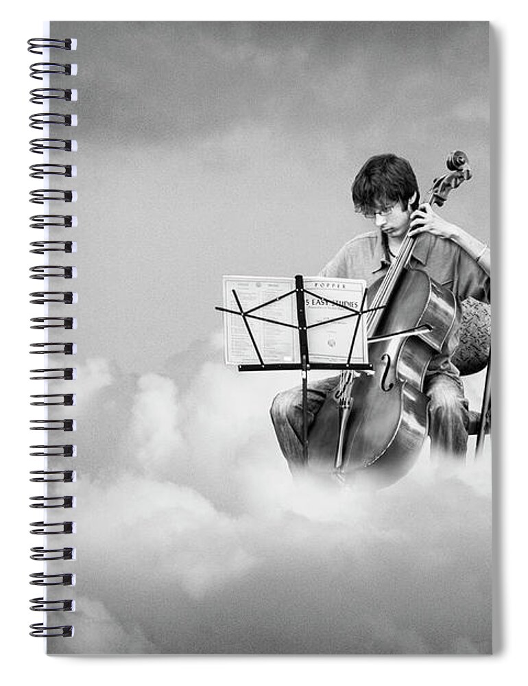 Music Spiral Notebook featuring the photograph Cello Player Playing on Cloud Nine in Black and White by Randall Nyhof