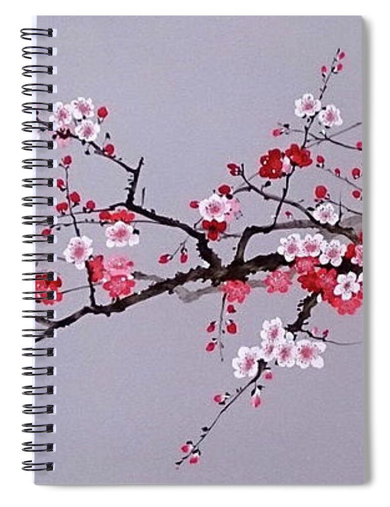 Russian Artists New Wave Spiral Notebook featuring the painting Cherry Branch with Pink, White and Red Flowers by Alina Oseeva