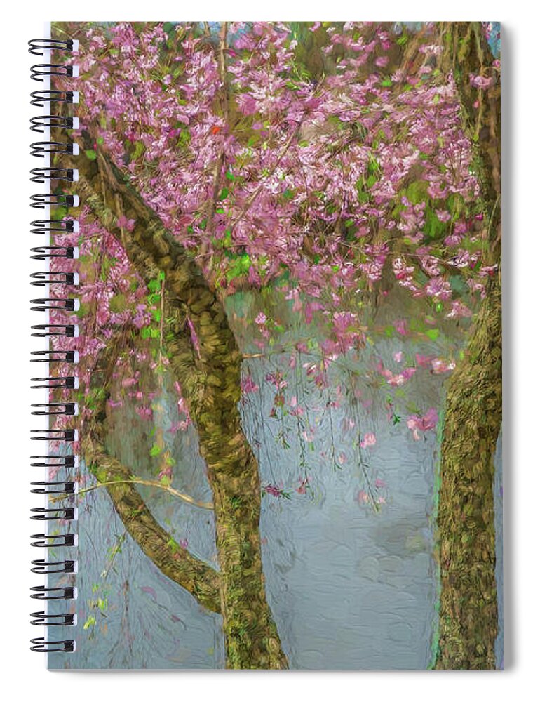 Landscape Spiral Notebook featuring the photograph Cherry Trees Blue Water by Kevin Lane
